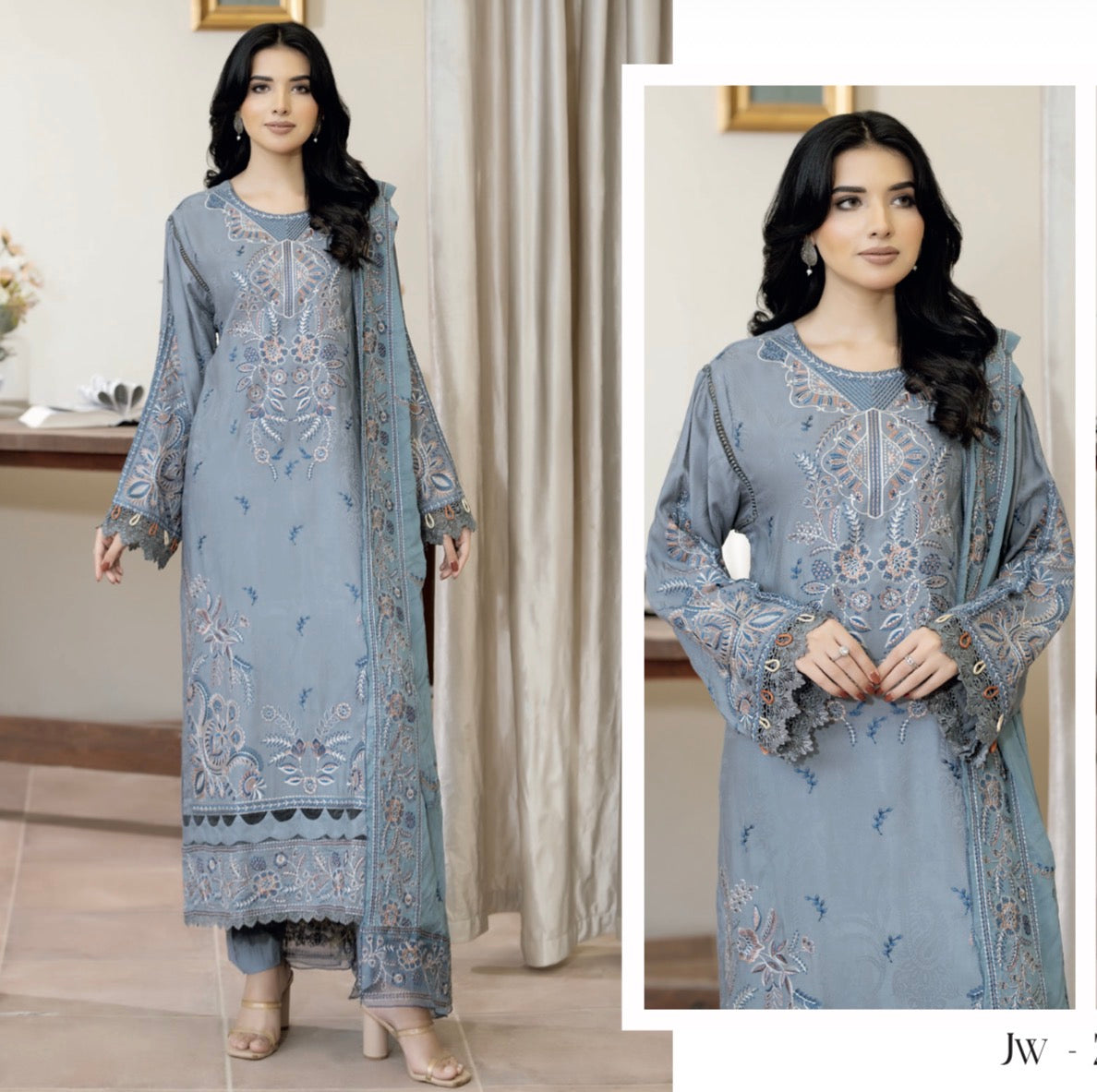 Johra Azwa JW-298 – Powder Blue Embroidered Suit